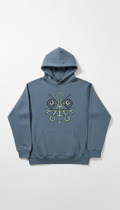Overcast blue poly hoodie with artist graphic