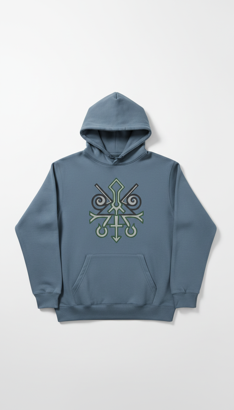 Overcast blue poly hoodie with artist graphic